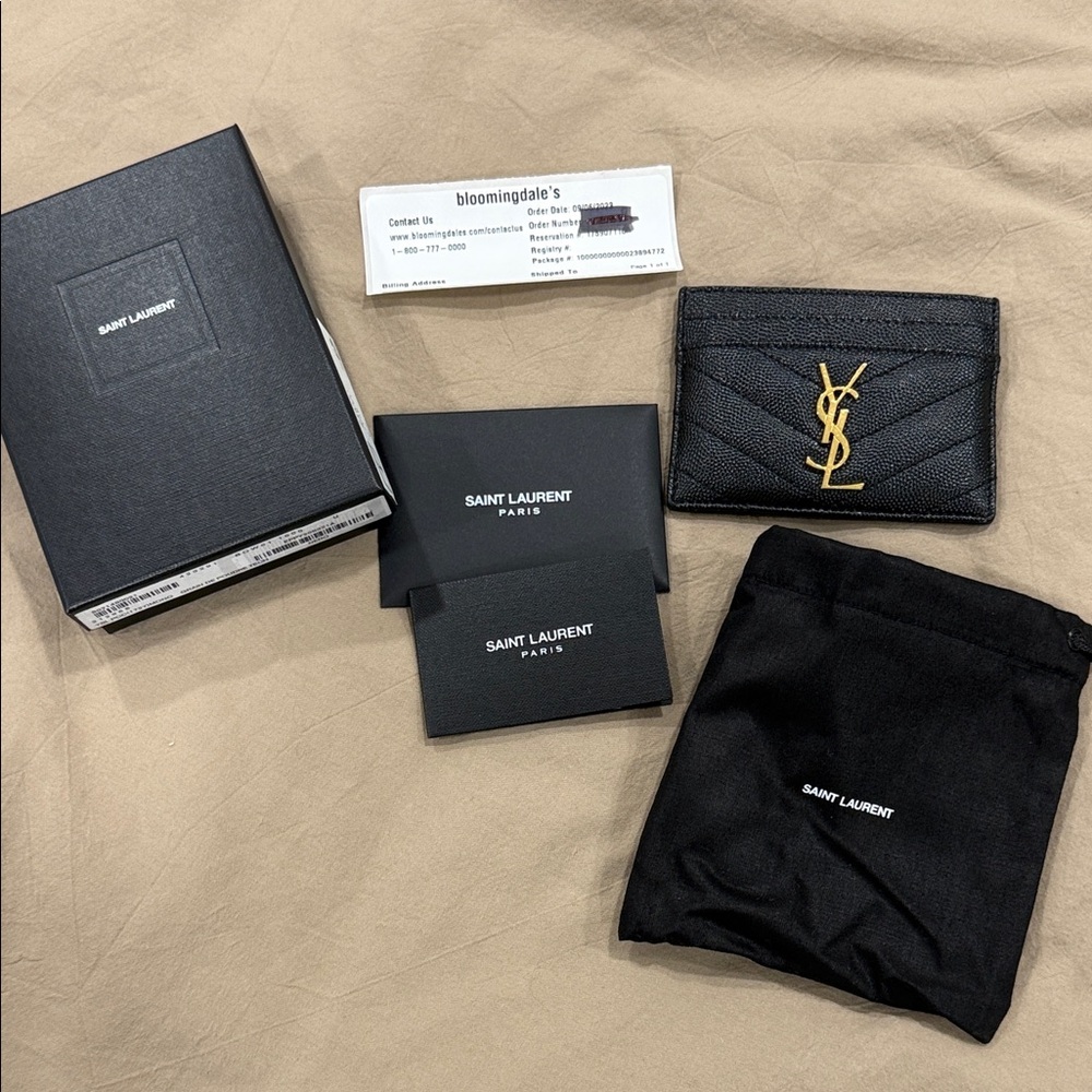 Saint Laurent Black Quilted Leather Card Case with Gold YSL Logo